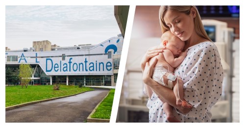 aint-Denis Hospital Center, Delafontaine and patient holding their newborn child